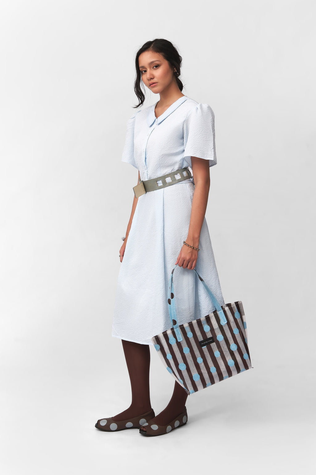 RV PolkaStripe Tote Medium – Sky Blue/Brown