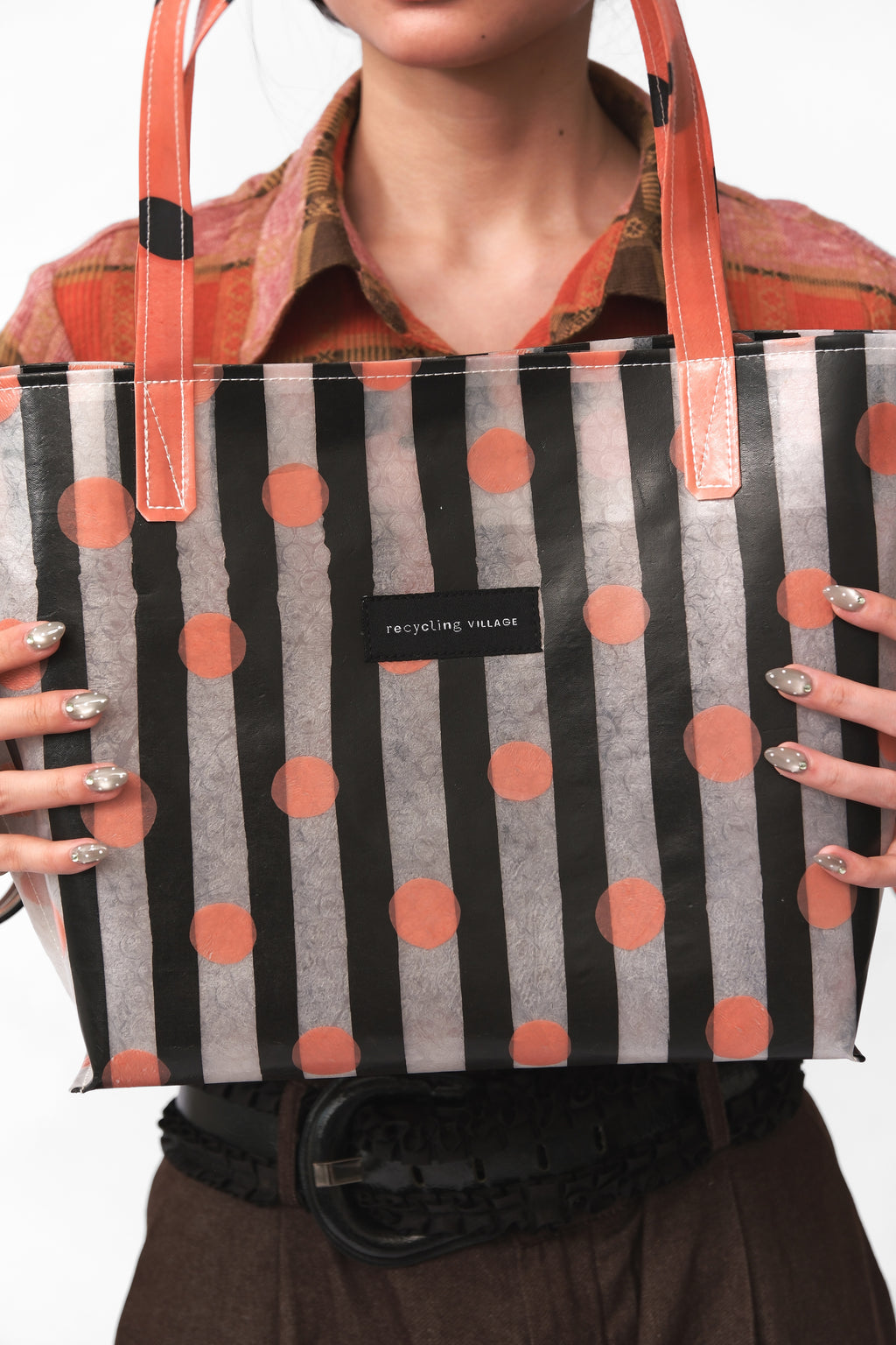 RV PolkaStripe Tote Medium – Black/Peach