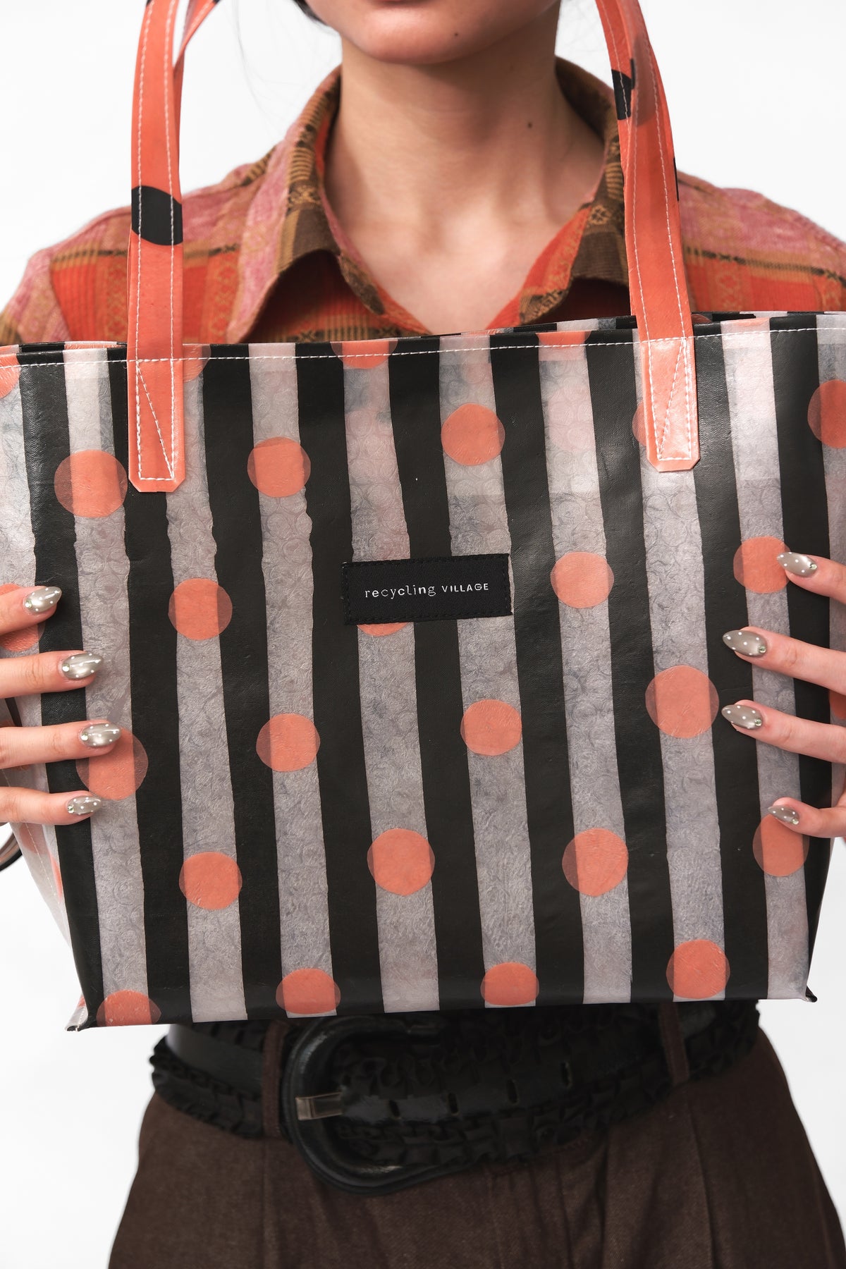 RV PolkaStripe Tote Medium – Black/Peach