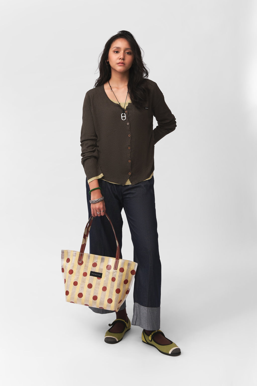 RV PolkaStripe Tote Medium – Butter Yellow/Maroon