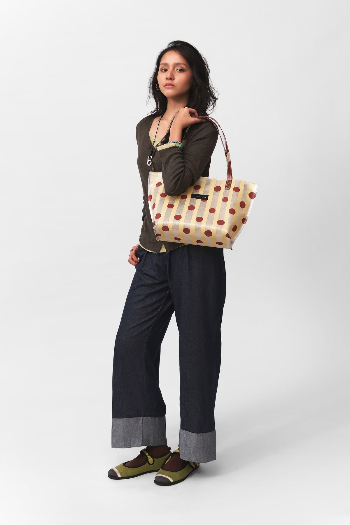 RV PolkaStripe Tote Medium – Butter Yellow/Maroon