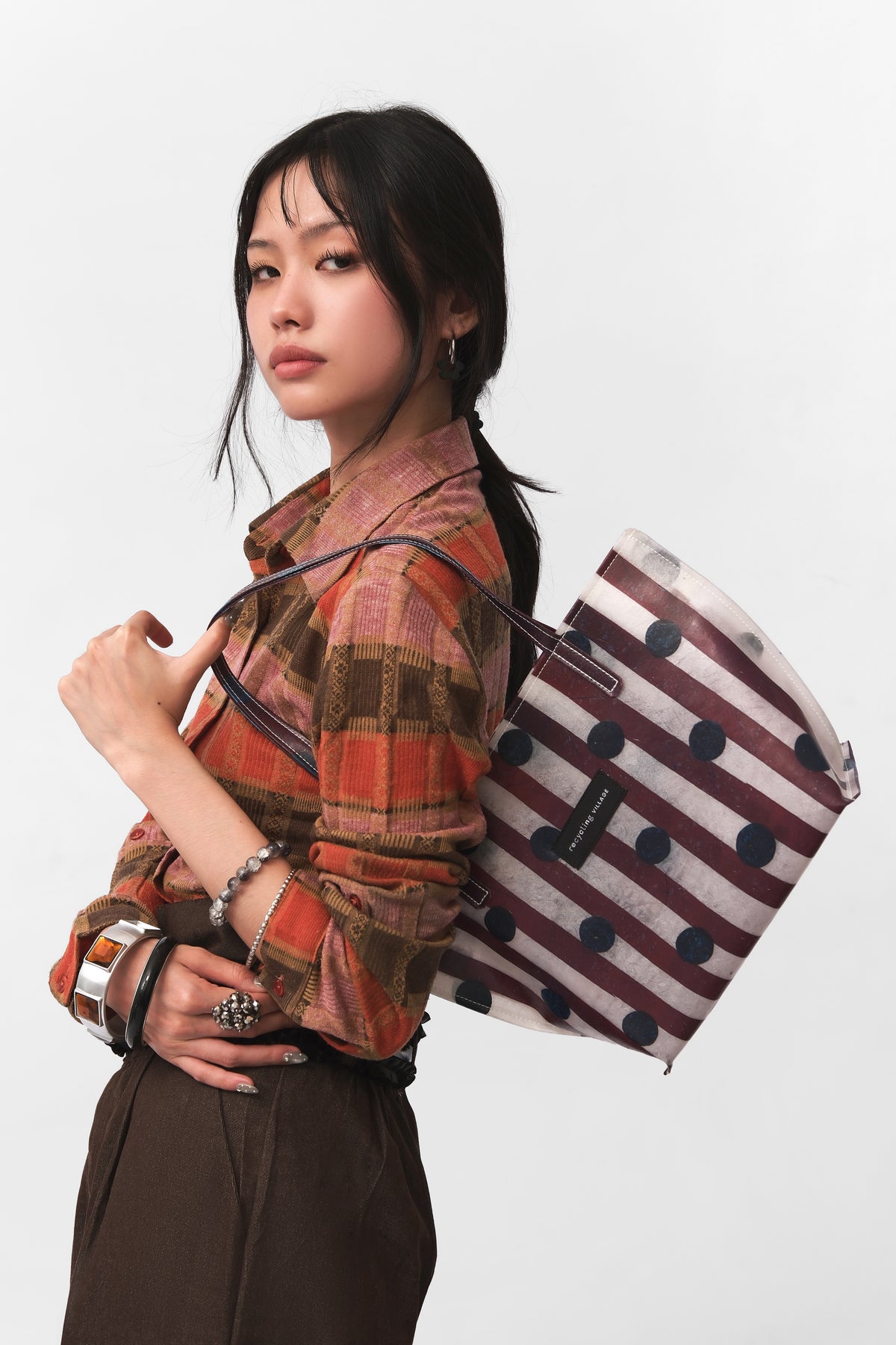 RV PolkaStripe Tote Small - Plum/Navy