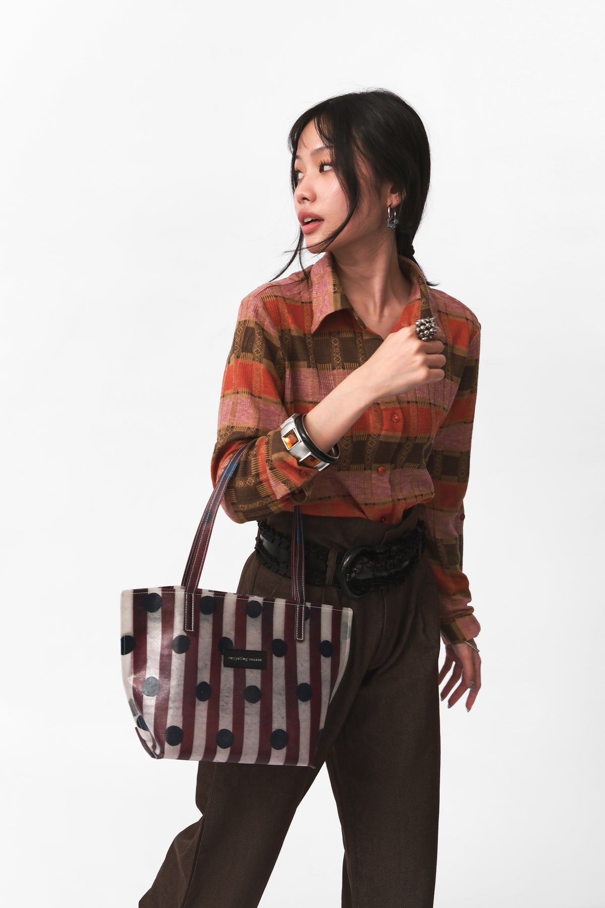 RV PolkaStripe Tote Small - Plum/Navy