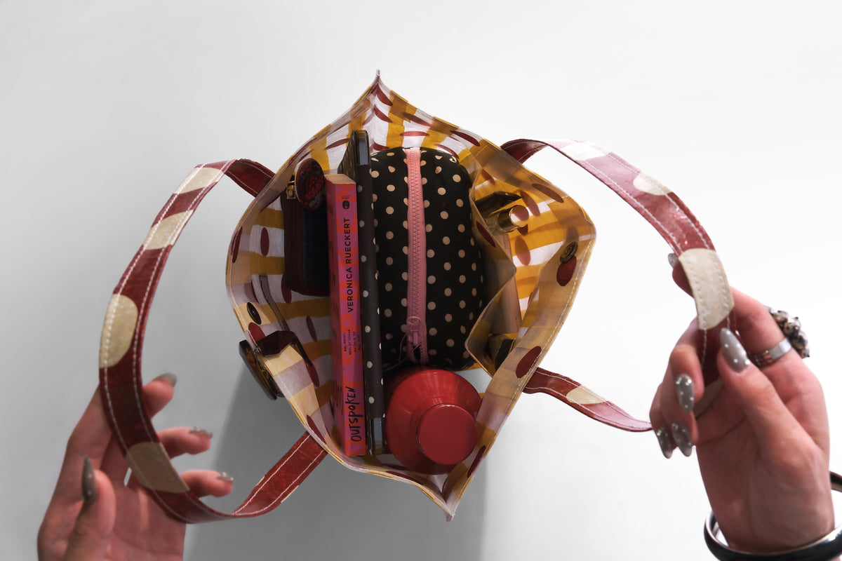 RV PolkaStripe Tote Medium – Butter Yellow/Maroon