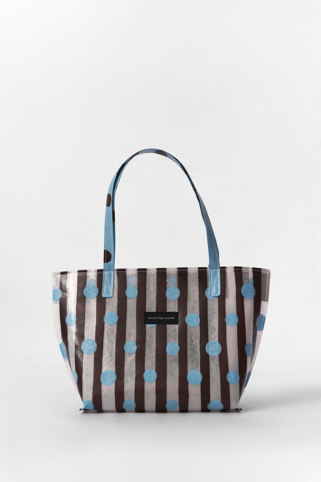 RV PolkaStripe Tote Medium – Sky Blue/Brown