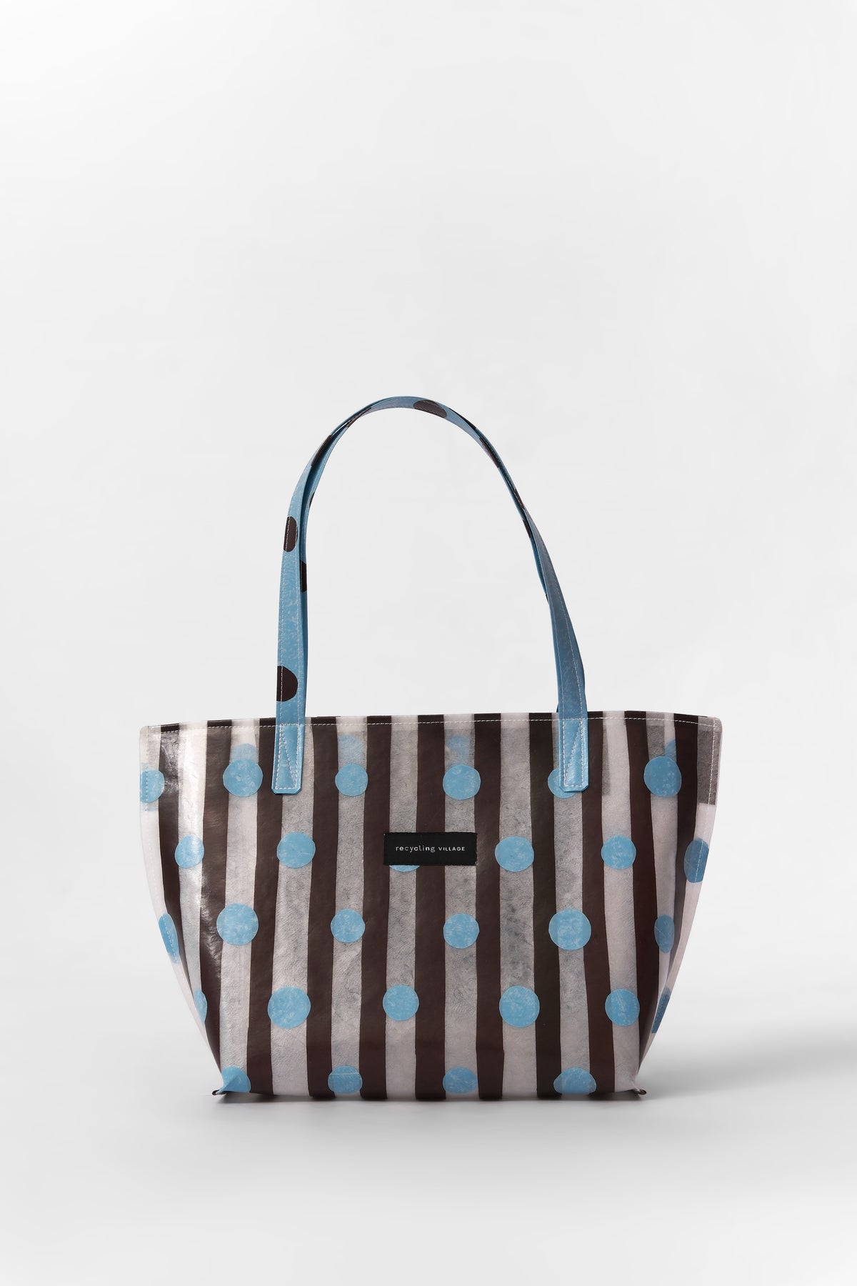 RV PolkaStripe Tote Medium – Sky Blue/Brown