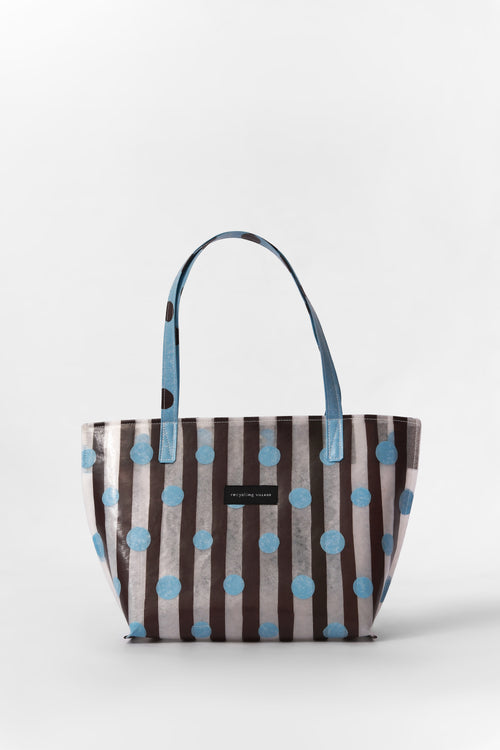 RV PolkaStripe Tote Medium – Sky Blue/Brown