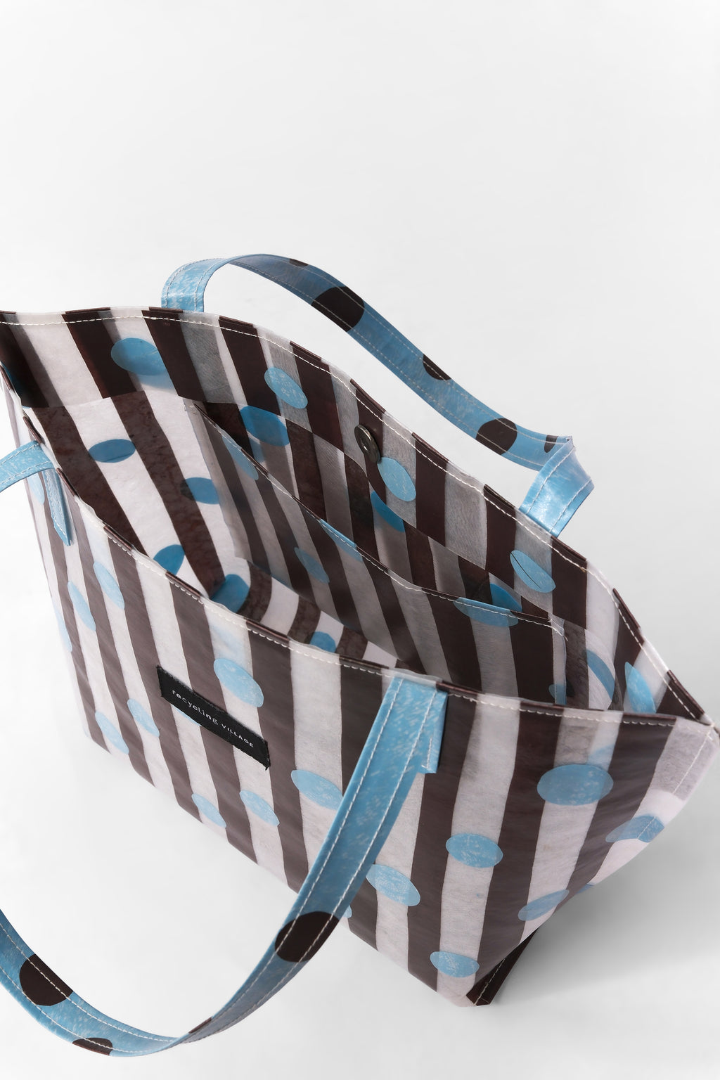 RV PolkaStripe Tote Medium – Sky Blue/Brown